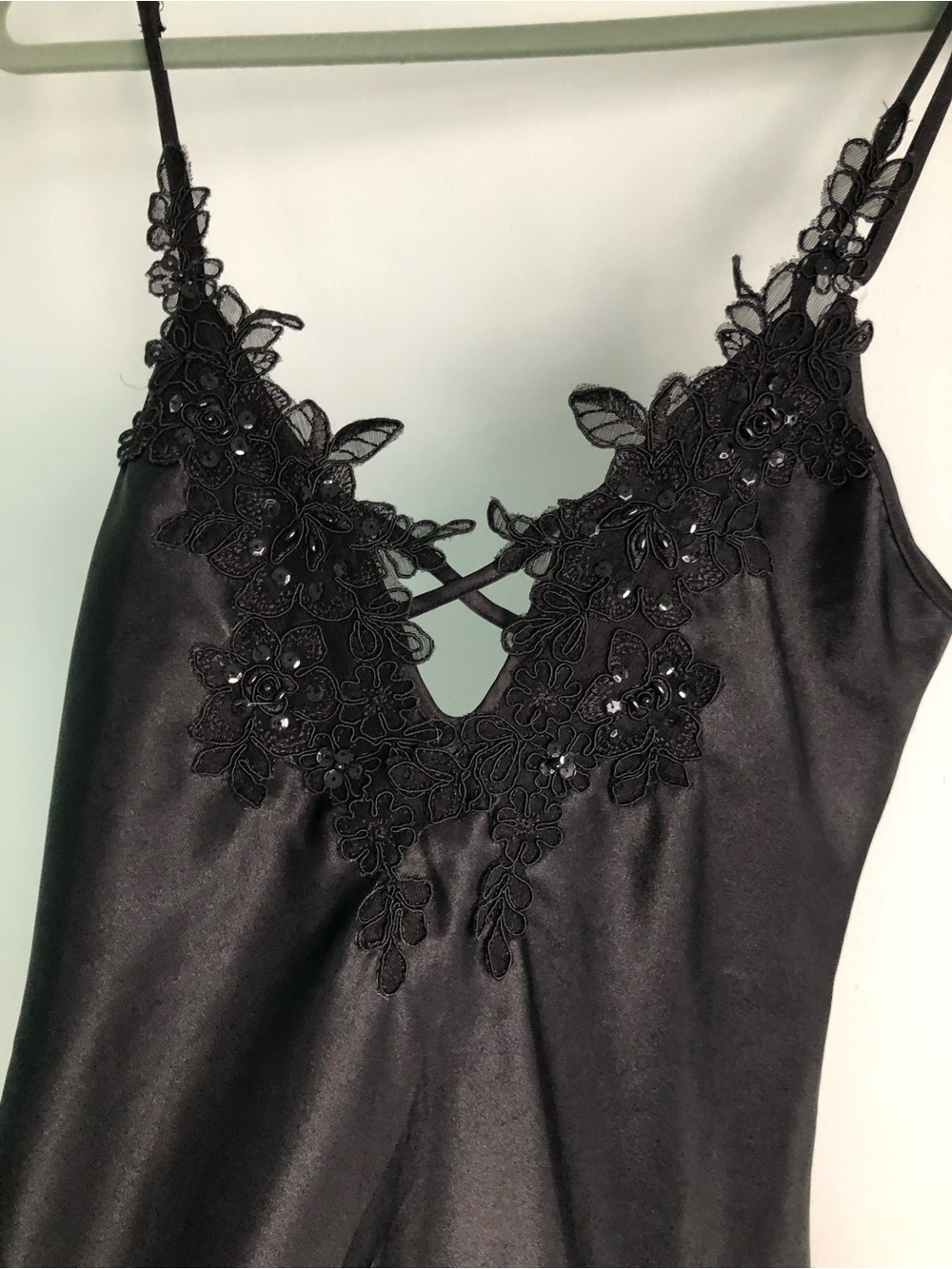 90s Y2K Shirley of Hollywood Lace-Trim Satin V-Neck Chemise Mini Slip Dress